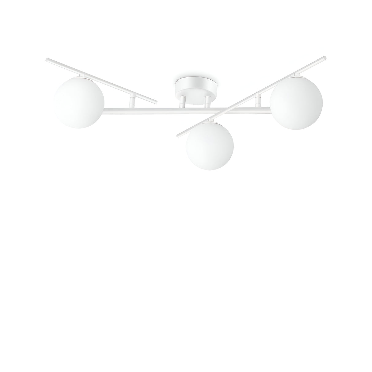 The Lucida 3 Light Semi Flush - White features a minimalist metal structure with adjustable arms, supporting three white spherical bulbs, set against a plain white background.