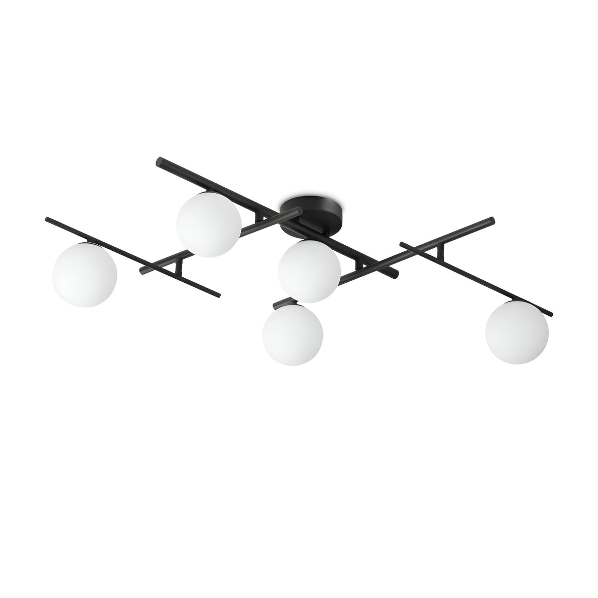 The Lucida 5 Light Semi Flush - Black boasts a sleek design with five white spherical bulbs gracefully arranged on two intersecting matte black metal rods, ideal for elevating the ambiance of modern interiors.