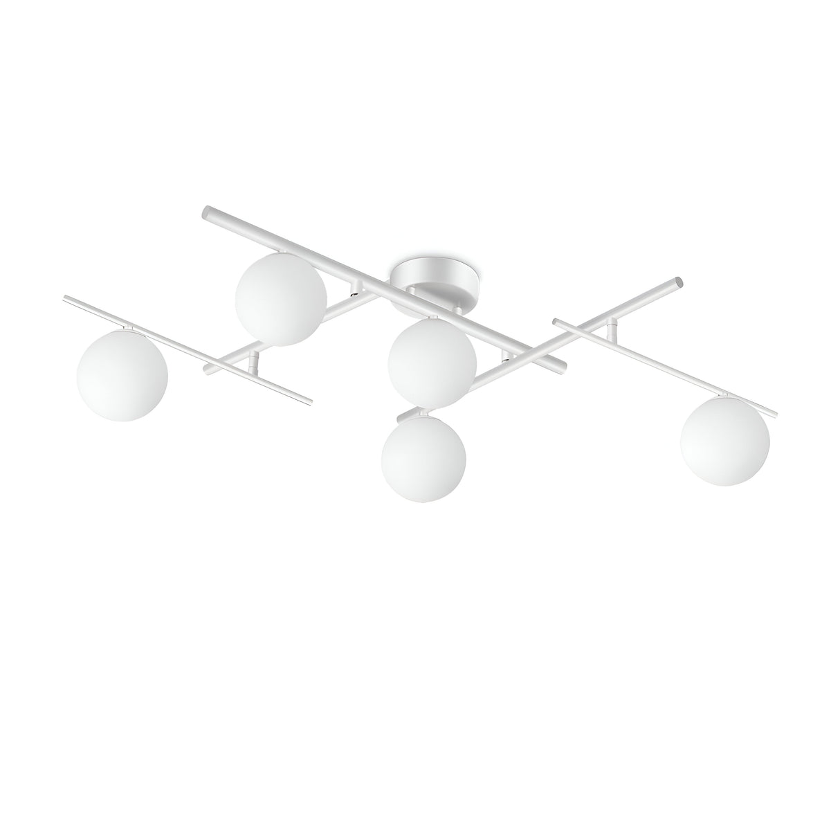 Presenting the Lucida 5 Light Semi Flush - White, a modern masterpiece showcasing minimalist design. This ceiling fixture boasts five symmetrically arranged spherical bulbs with elegant white blown glass diffusers on intersecting rods, all perfectly set against a simple white backdrop.