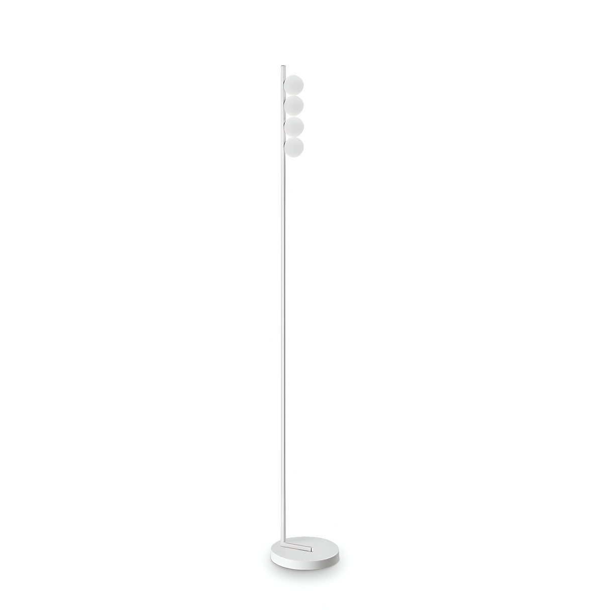 Introducing the Lyrica LED Floor Lamp 12W 3000K in White, a sleek and modern lighting solution with a minimalist design. It features a slim pole and four vertically aligned globe-shaped bulbs, providing energy-efficient illumination. This elegant lamp stands on a circular base set against a plain white background.