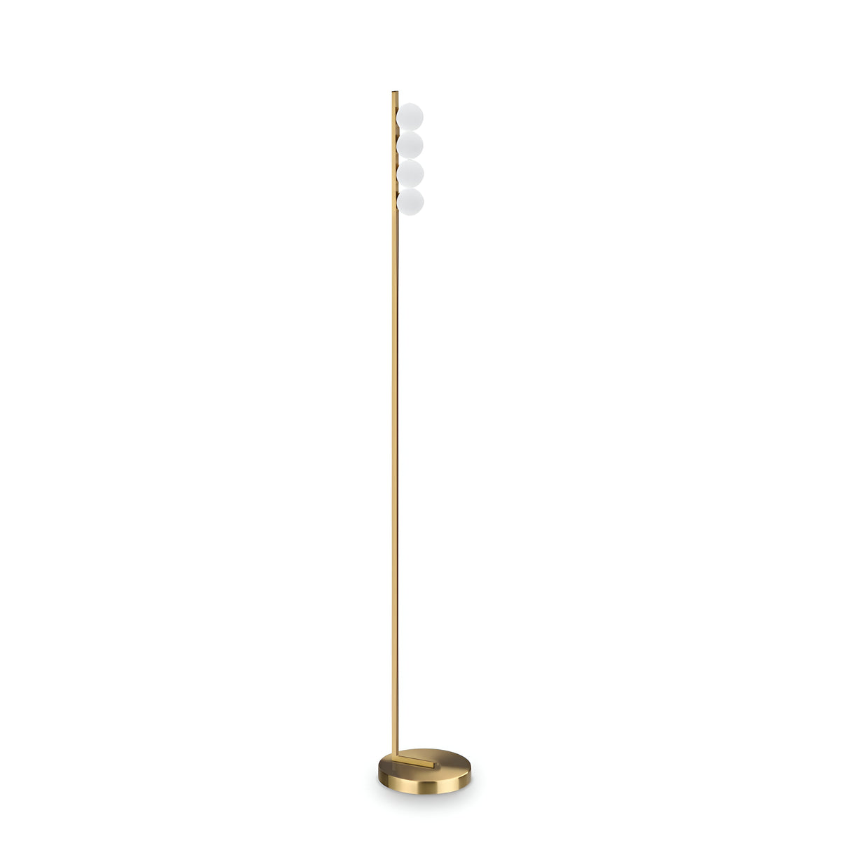 Introducing the Lyrica LED Floor Lamp 12W 3000K - Brass, a modern masterpiece featuring a sleek brass finish. This energy-efficient lighting solution is designed with a tall, slim pole adorned with round, white bulbs near the top. Its circular base seamlessly complements the elegant brass hue of the pole.