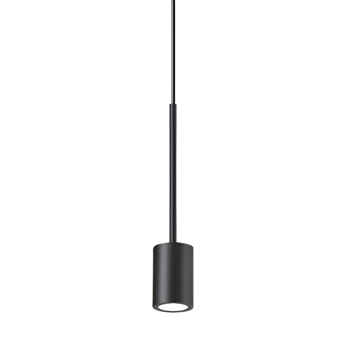 The Arclight LED 1 Light Cylinder Pendant in black hangs from a cord, featuring a modern and minimalist cylindrical design with a smooth matte finish that highlights the elegance of energy-efficient lighting. It is turned off against a plain white background.