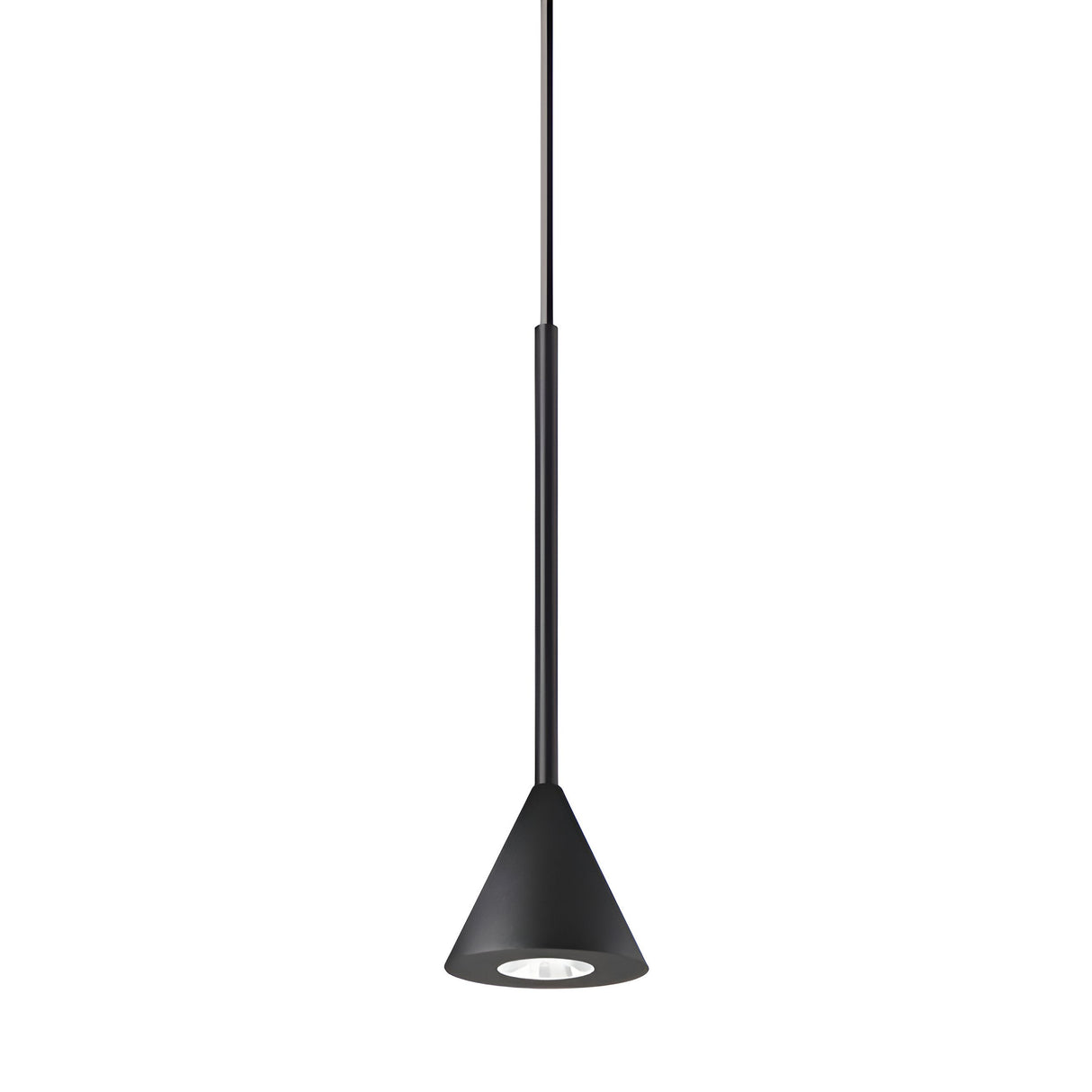 Set against a white background, the Arclight LED 1 Light Cone Pendant - Black delivers sleek and energy-efficient lighting with its modern black conical shade suspended from a slender rod, making it perfect for enhancing contemporary interiors.