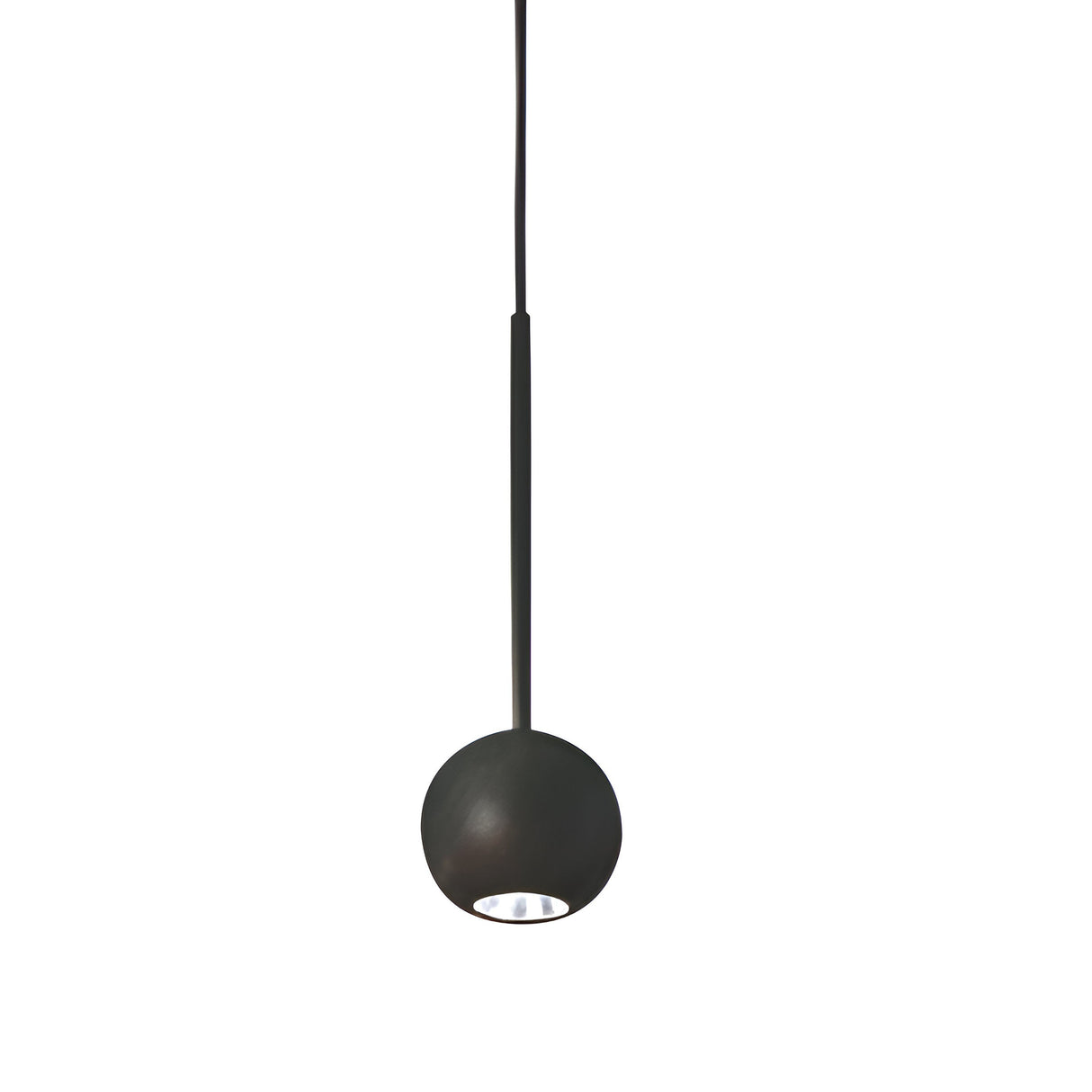 Introducing the Arclight LED 1 Light Sphere Pendant in Black, featuring a minimalist design with a slender black cord and a matte black spherical lampshade. The exposed light source casts a soft glow from the underside, capturing modern elegance.