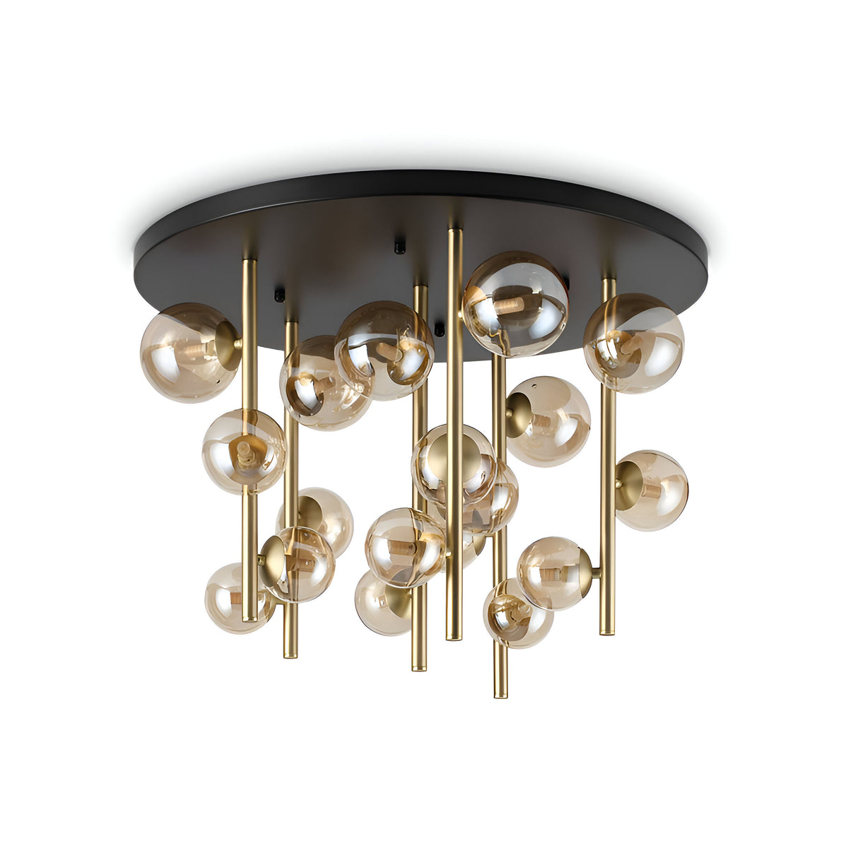 The Solana 18 Light Ceiling Light - Brass showcases a modern aesthetic with numerous gold rods in a brass finish extending from a circular black base. Each rod holds a blown glass diffuser, creating an elegant and contemporary appearance.