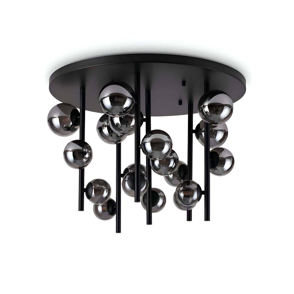 Introducing the Solana 18 Light Ceiling Light - Black, a modern fixture with a matte black circular base and multiple hanging rods, each supporting a sleek glass orb. The design is contemporary with shiny, reflective surfaces on the orbs, enhanced by blown glass diffusers.