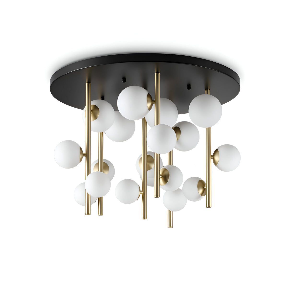 The Solana 18 Light Ceiling Light showcases a modern design with a black circular base and multiple hanging brass rods, each adorned with a white spherical light. This ceiling fixture features brass accents and an array of orbs positioned at varying heights, crafting a luxurious and contemporary aesthetic that defines modern lighting.