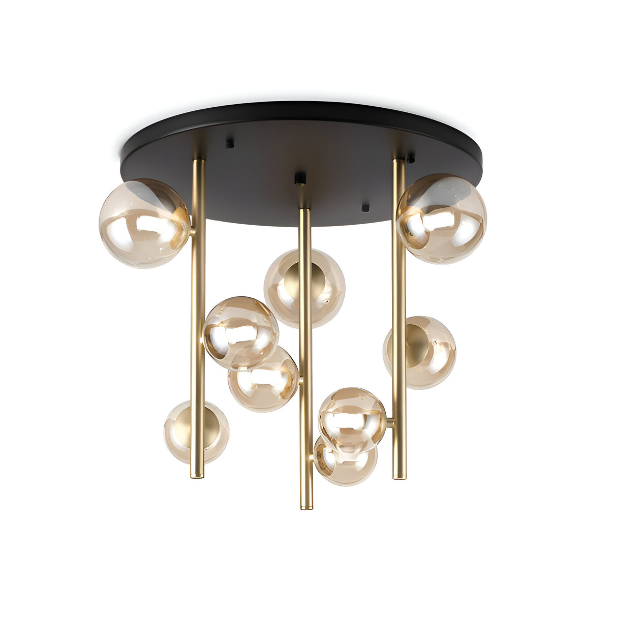 Introducing the Solana 9 Light Ceiling Light - Brass, a modern fixture with a circular black base and nine satin brass finish rods. Each rod holds a glass orb that emits a warm glow, blending sleek design with contemporary elegance.