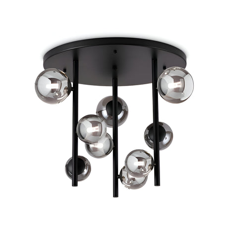 The Solana 9 Light Ceiling Light - Black boasts a sleek matte black frame with several rods that support semi-transparent smoky glass orbs. The blown glass diffusers are strategically arranged at different heights, resulting in an elegant and contemporary design that enhances any modern space.