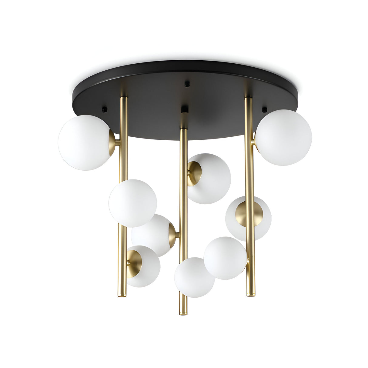 Introducing the Solana 9 Light Ceiling Light - White: a sleek modern fixture featuring a round black base with multiple gold rods extending downward. Each rod gracefully holds a round white globe light, adding contemporary charm to minimalist interiors.