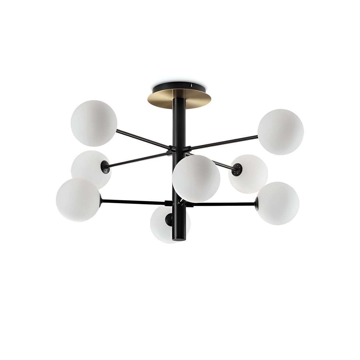 Discover the Veloxis 8 Light Ceiling Light - Black/White, a contemporary lighting masterpiece with a streamlined black rod and eight symmetrically arranged white spherical lamps. This fixture mirrors abstract geometric art, offering an elegant design combined with dimmable features for personalized ambiance.