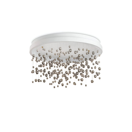 The Phostis LED Semi Flush Chandelier 61W 3000K in White, with its 50cm design, showcases a contemporary circular base adorned with an array of metallic spheres in different sizes, merging elegance with artistic flair.