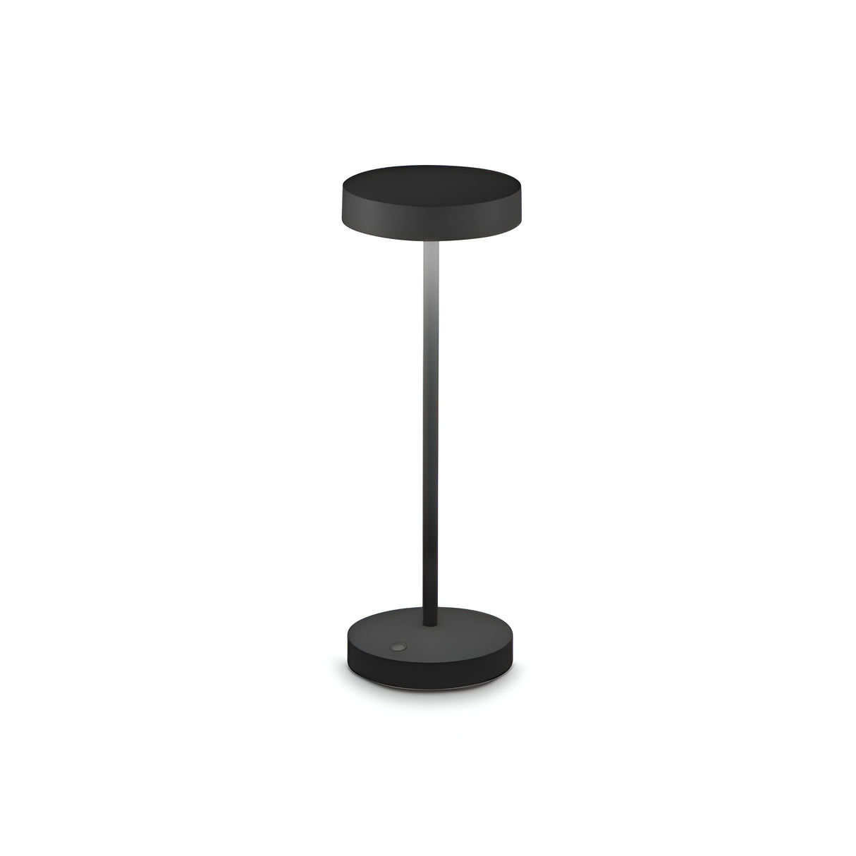 The Novis Outdoor LED Table Lamp 2W 3000K in black presents a sleek and modern design with a round base and top, connected by a central vertical pole. This minimalist lamp comes with an IP54 rating, making it perfect for contemporary interiors and ideal for use as an outdoor LED table lamp with its rechargeable battery feature.