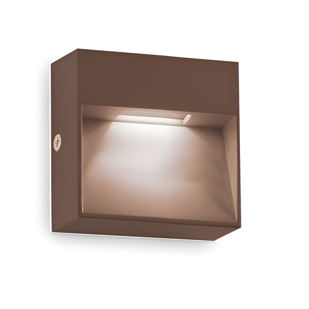 Introducing the Arctis Large LED Outdoor Wall Light 1.5W 3000K in Brown, featuring a modern, cube-shaped design. This minimalist fixture is weather-resistant and carries an IP65 rating. It offers a soft, warm light from a recessed section and looks perfect mounted against a plain white background.