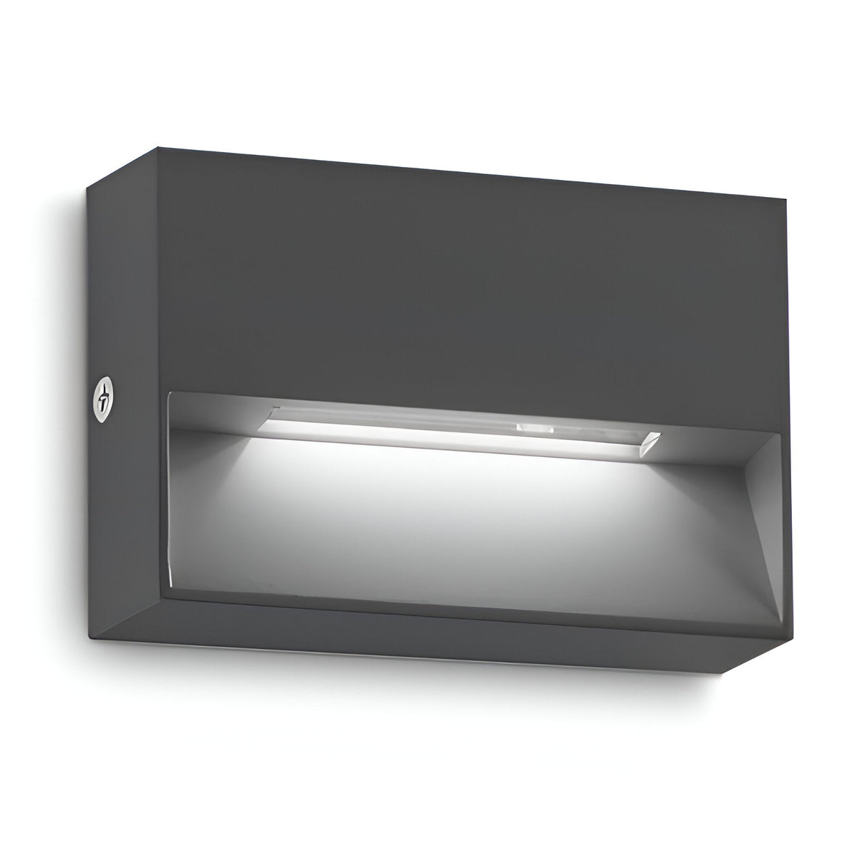 The Arctis Small LED Outdoor Wall Light 1.5W 3000K in grey boasts a contemporary, rectangular design with an IP65 rating, a dark metallic finish, and an integrated LED light that casts a bright, cool-toned glow downward. Its minimalist style features clean lines and a sleek appearance.