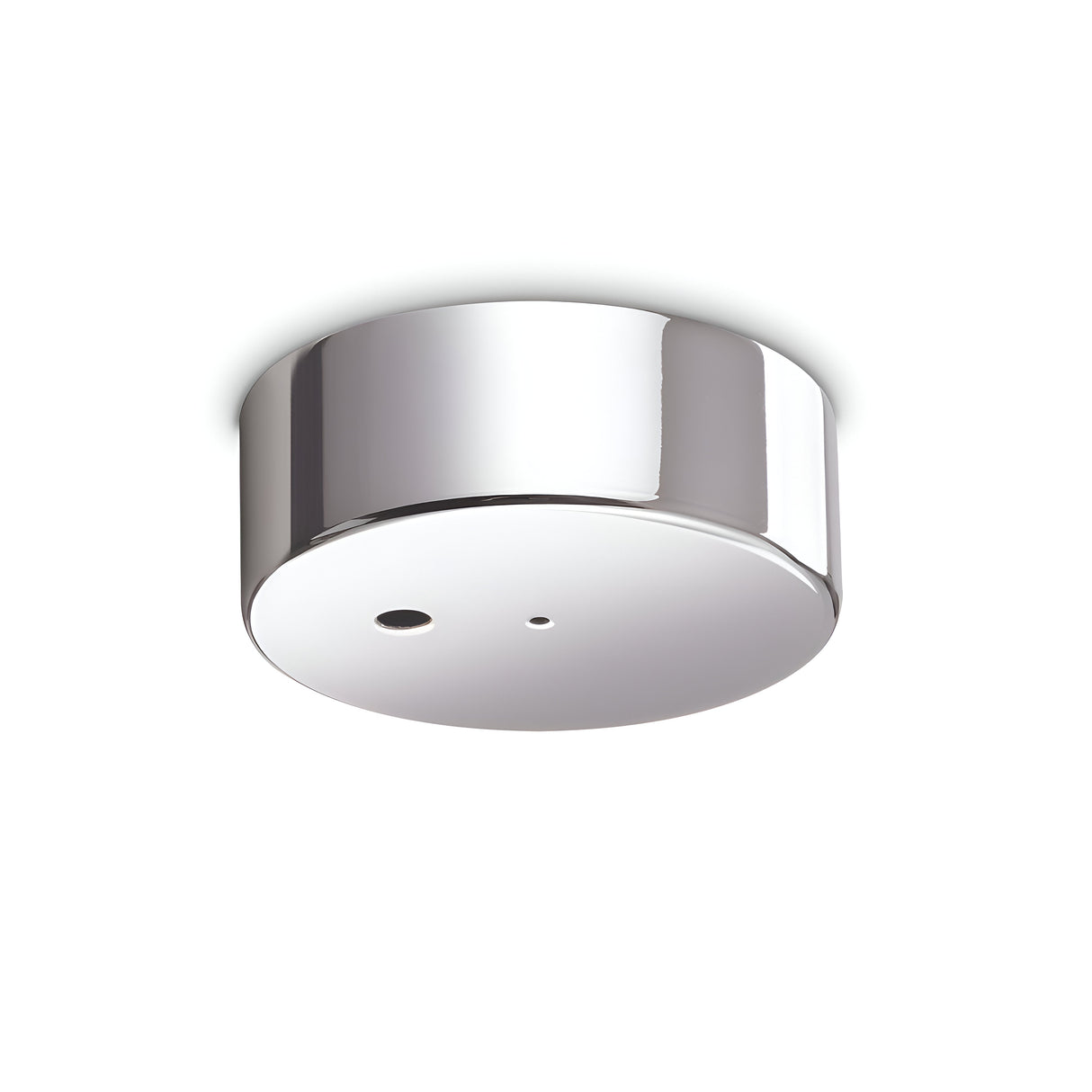Introducing the Glacia 1 Light Magnetic Ceiling Rose in Silver, a sleek cylindrical chrome ceiling light fixture featuring a smooth reflective surface. The bottom is adorned with two small circular openings, and its magnetic ceiling rose beautifully accentuates the lighting design against a plain white background.