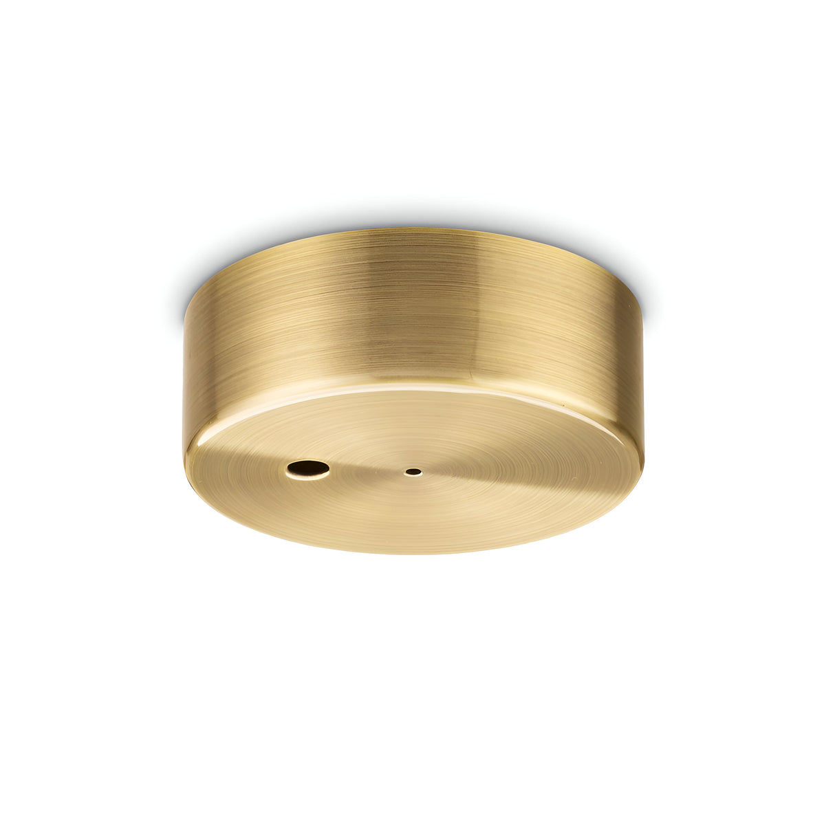 Close-up of a Glacia 1 Light Magnetic Ceiling Rose in brushed brass, showcasing its cylindrical design with two small surface holes and accompanied by a sleek brass ceiling rose.