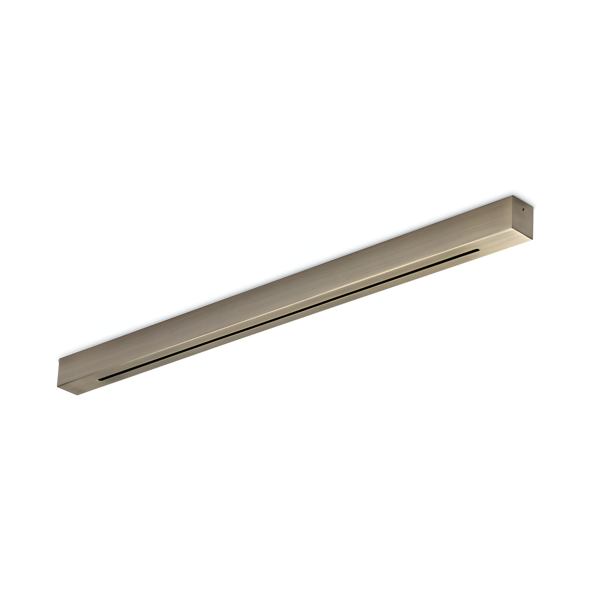 A Glacia Track Lighting Kit 73cm - Brass is mounted on a white ceiling, featuring a sleek and minimalist design with a narrow opening. Its metallic finish blends seamlessly with modern interior aesthetics, making it ideal for both residential and commercial settings.