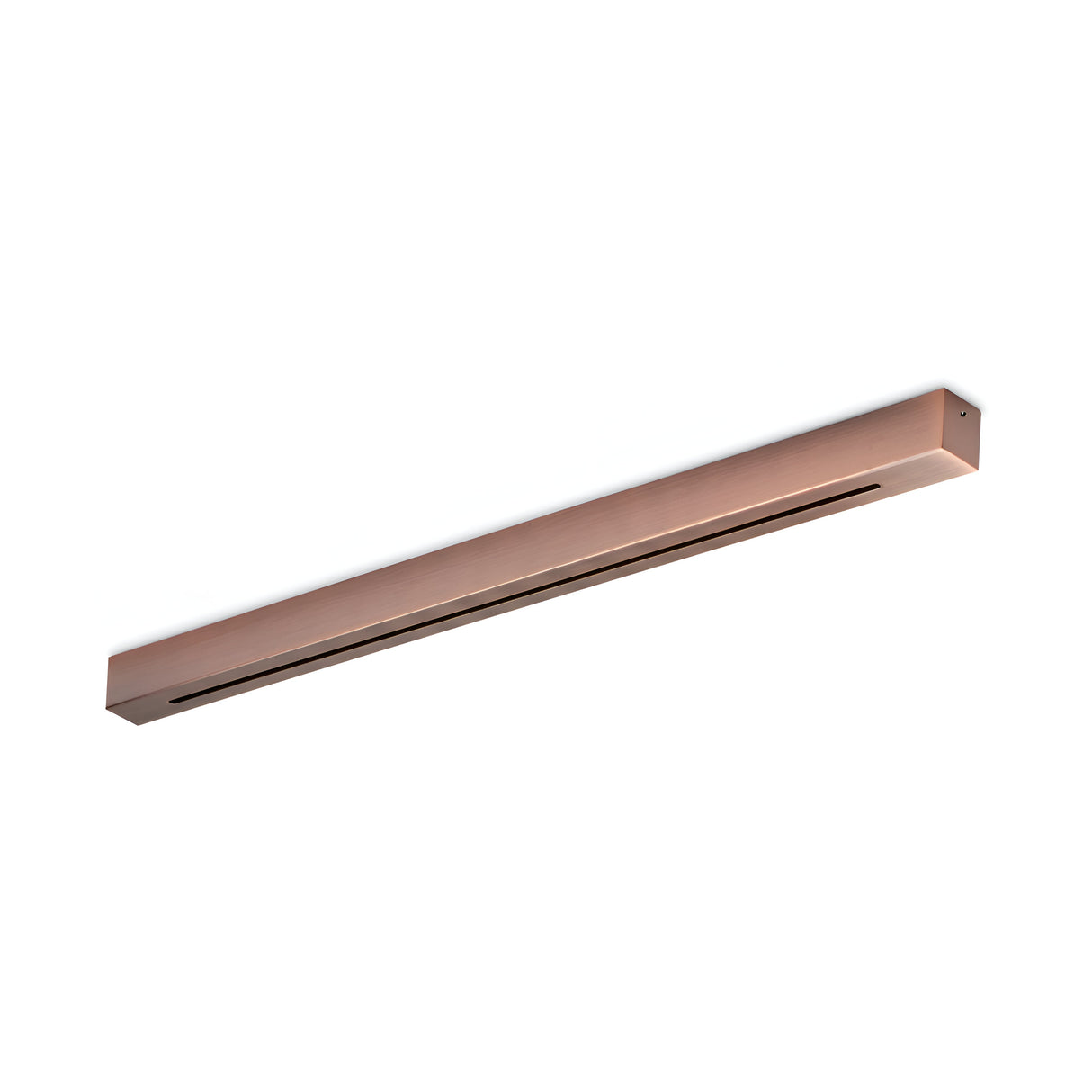 The Glacia Track Lighting Kit, measuring 73cm, is an elegant ceiling fixture with a modern rectangular design and a copper finish. Its minimalist style features a long, narrow light strip along its length and mounts directly on the ceiling, adding contemporary appeal to any space.