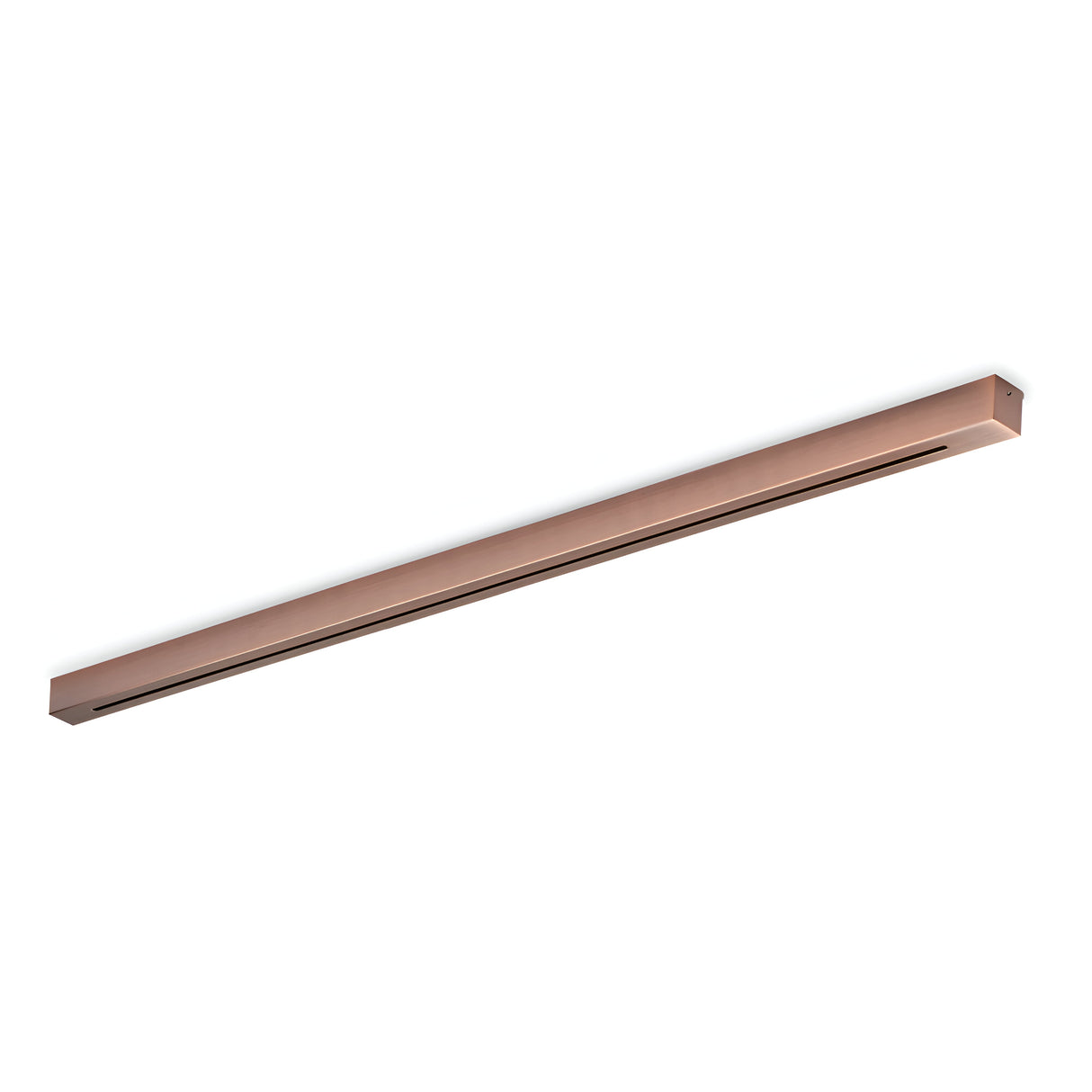 The Glacia Base Canopy 6 Light Rectangle in Copper is a sleek, rectangular metallic ceiling fixture with a minimalist design, elegantly suspended against a white background.