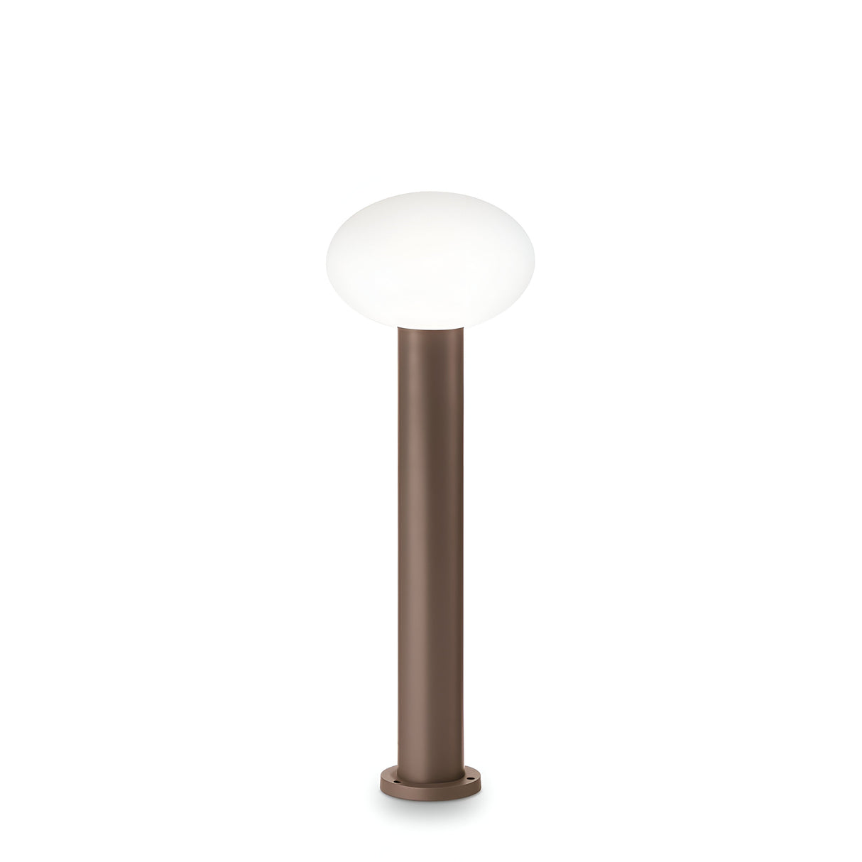 The Photonix Small Outdoor Pedestal Light - Brown showcases a sleek, contemporary design with its cylindrical brown base and round, white globe-shaped top, accentuated by an aluminum frame. Ideal for garden or pathway lighting, it is equipped with an IP44 rating to ensure dependable performance in various weather conditions.