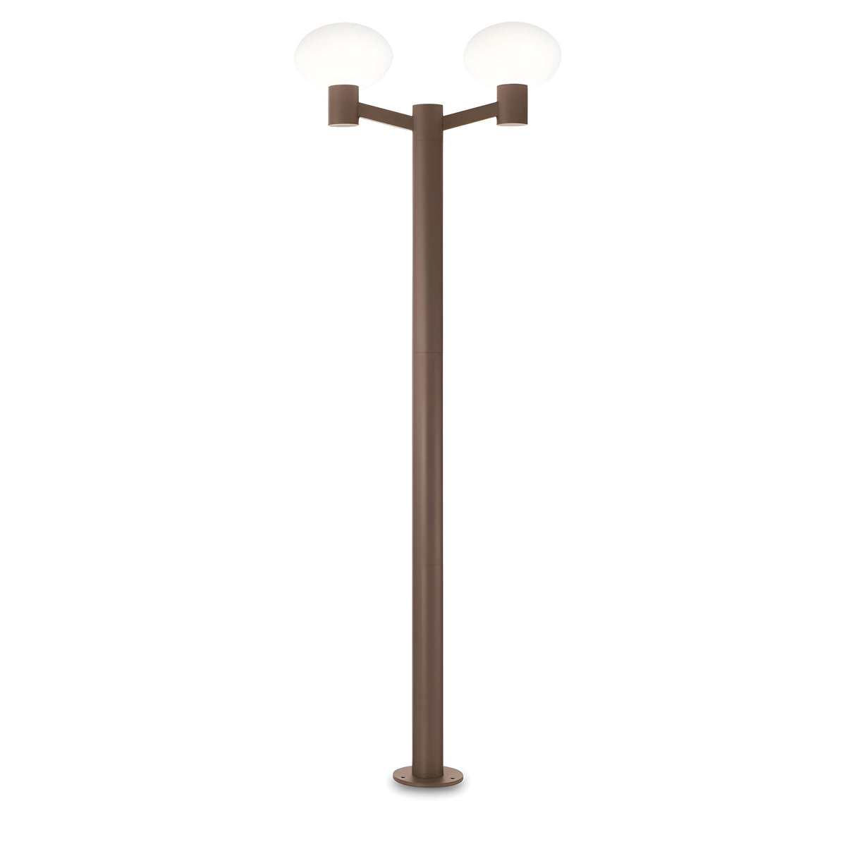 The Photonix Twin Head Lamp Post - Brown boasts a modern design with a sleek, brown pole and two symmetrical, white glowing lights at its peak. This contemporary outdoor lamp post is showcased against a plain white backdrop, providing ambient lighting that enriches any environment.