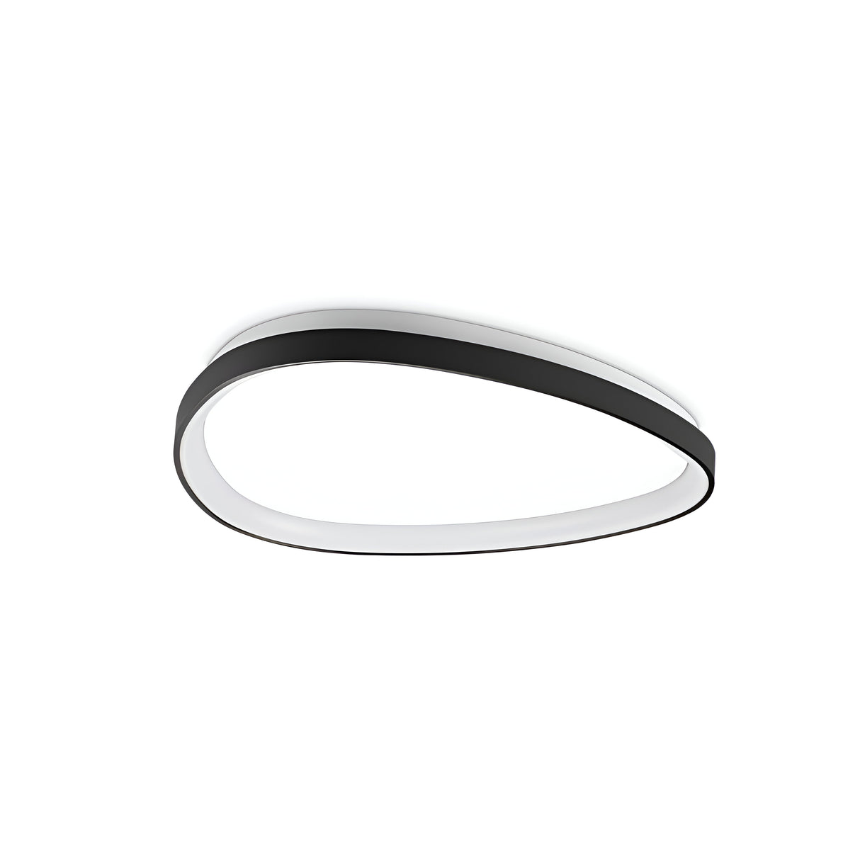 The Zephra Dimmable LED Ceiling Light, 23W with a color temperature of 3000K and measuring 61cm, showcases an oval design with a sleek black rim and white center. Installed on a plain white ceiling, it emits a soft, even glow. Its minimalist and contemporary design is ideal for energy efficiency, appealing to modern décor enthusiasts.