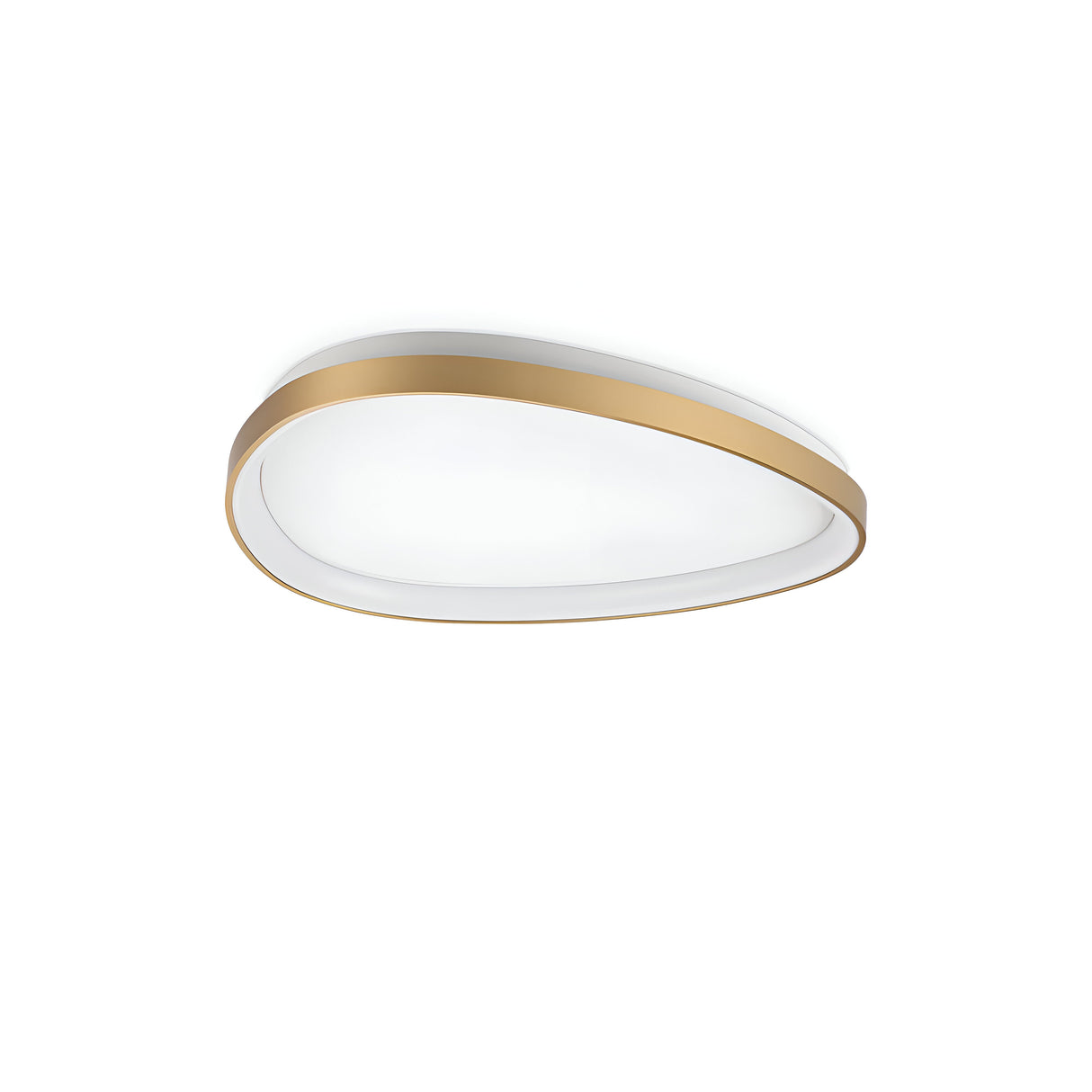 The Zephra Dimmable LED Ceiling Light 23W 3000K - Brass, 61cm showcases a contemporary oval-shaped design accentuated by a sleek brushed brass edge and a white interior surface, promoting energy efficiency. Set against a plain white background, it seamlessly combines style with sustainability.