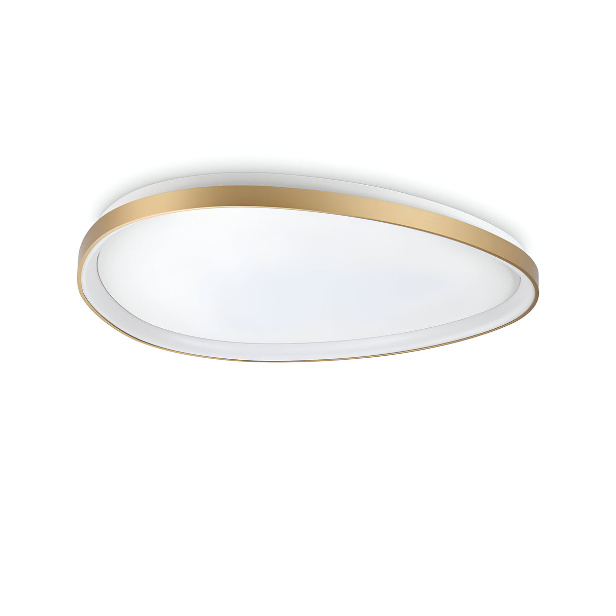 The Zephra Dimmable LED Ceiling Light is a sleek, modern fixture with an oval shape and a white diffuser, encircled by a thin, brushed brass trim. This energy-efficient lighting option fits beautifully into diverse room styles.