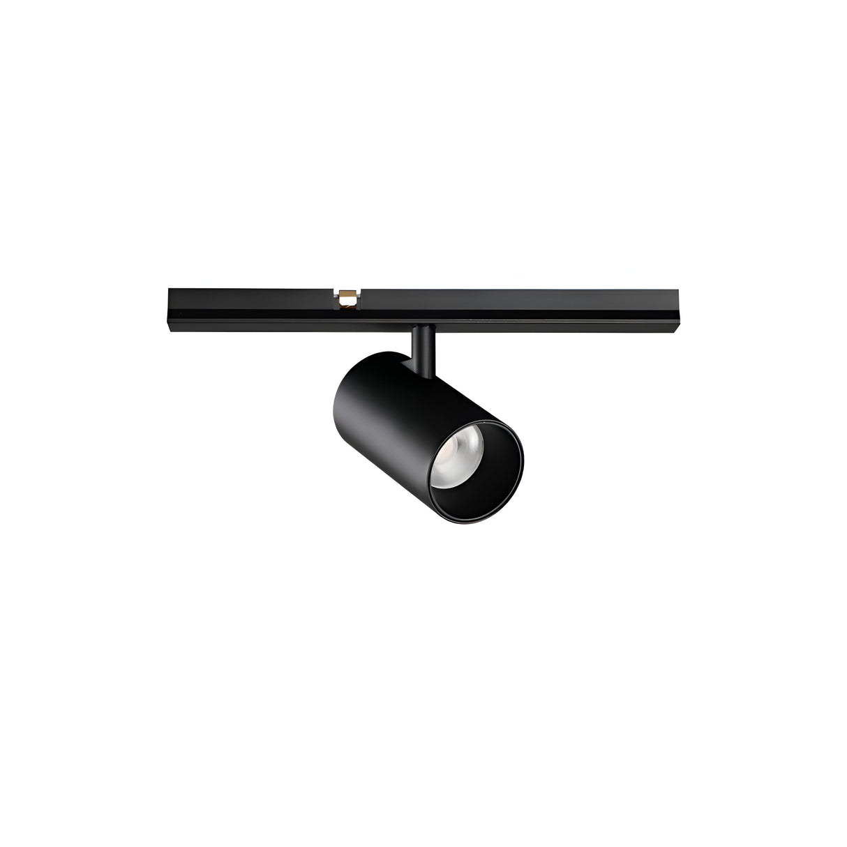 The Viora Magnetic Dimmable LED Track Spotlight 3W 3000K - Black is mounted on a horizontal rail, providing energy-efficient lighting that angles downwards against a white background, harmoniously fitting into modern minimalist decor.