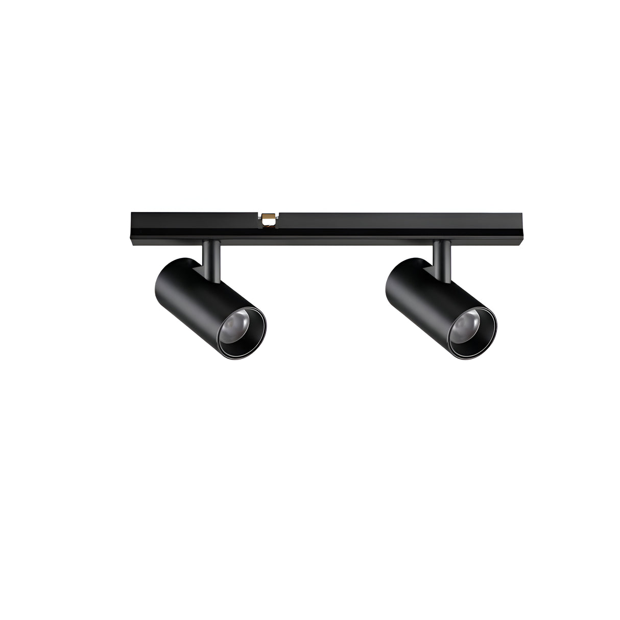 The Viora Magnetic Dimmable LED Track Twin Spotlight 6W 3000K - Black, featuring two adjustable cylindrical spotlights, offers a contemporary and minimalistic design against a white backdrop. This stylish and functional fixture is ideal for delivering focused illumination in modern interiors.