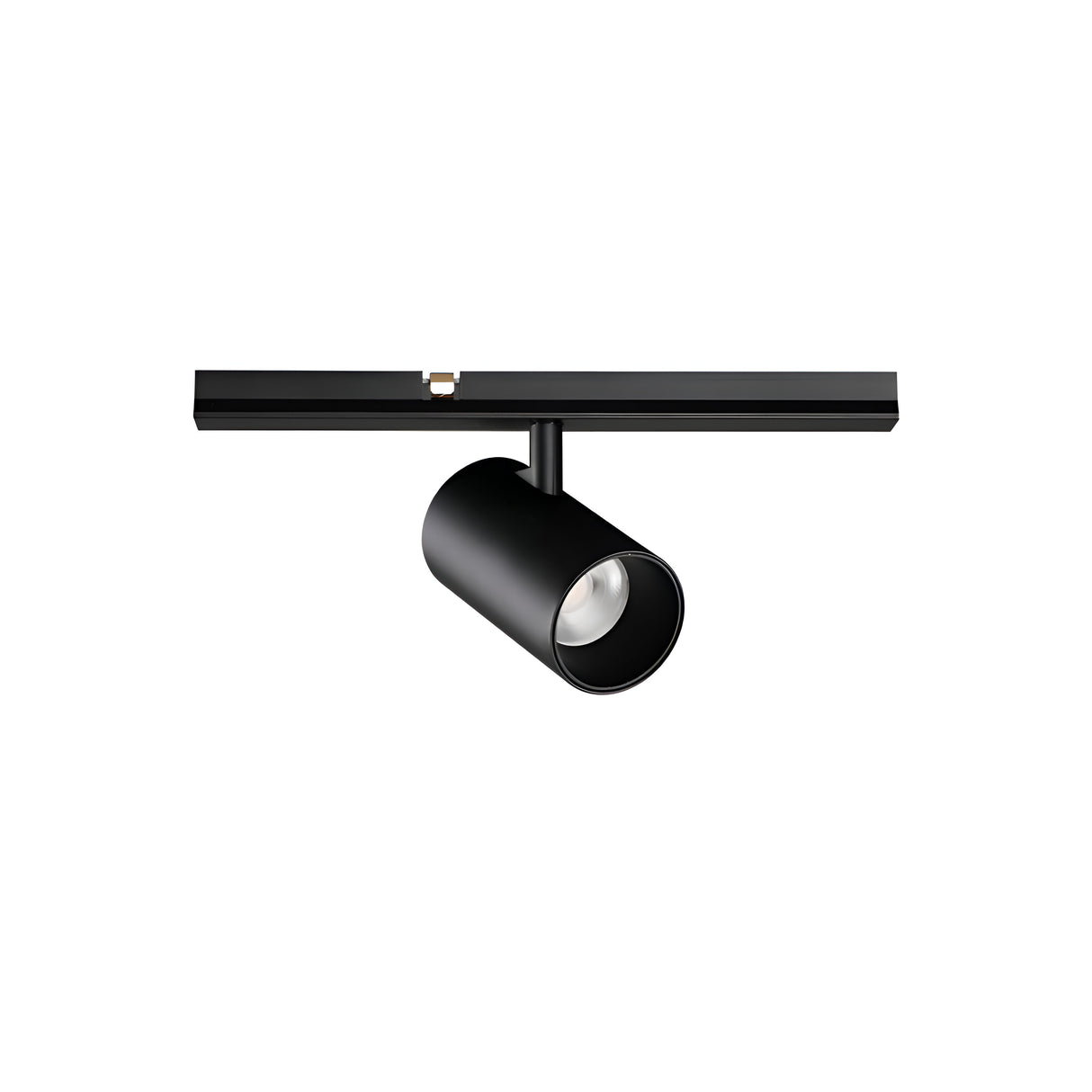 Introducing the Viora Magnetic Dimmable LED Single Track Light in black, featuring a 5W cylindrical spotlight on a horizontal bar for ceiling mounting. This modern and minimalist lighting fixture allows adjustability to focus light in various directions, offering a sleek and versatile lighting solution.