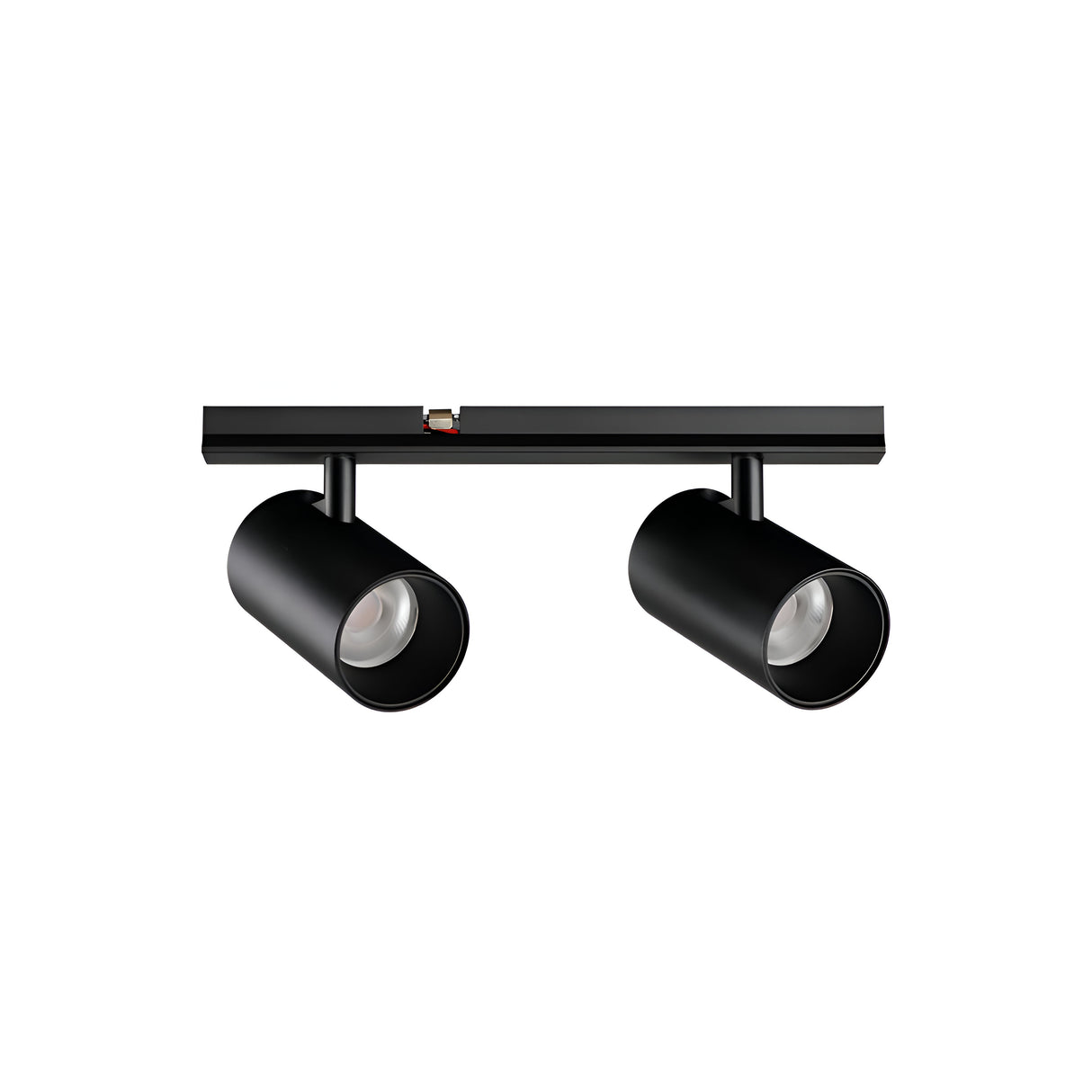The Viora Magnetic Dimmable LED Track Twin Spotlight, available in black, boasts a contemporary ceiling-mounted design with two cylindrical spotlights on a horizontal bar, providing adjustable 10W 3000K lighting. Set against a plain white background, its magnetic dimmable feature allows for versatile illumination.