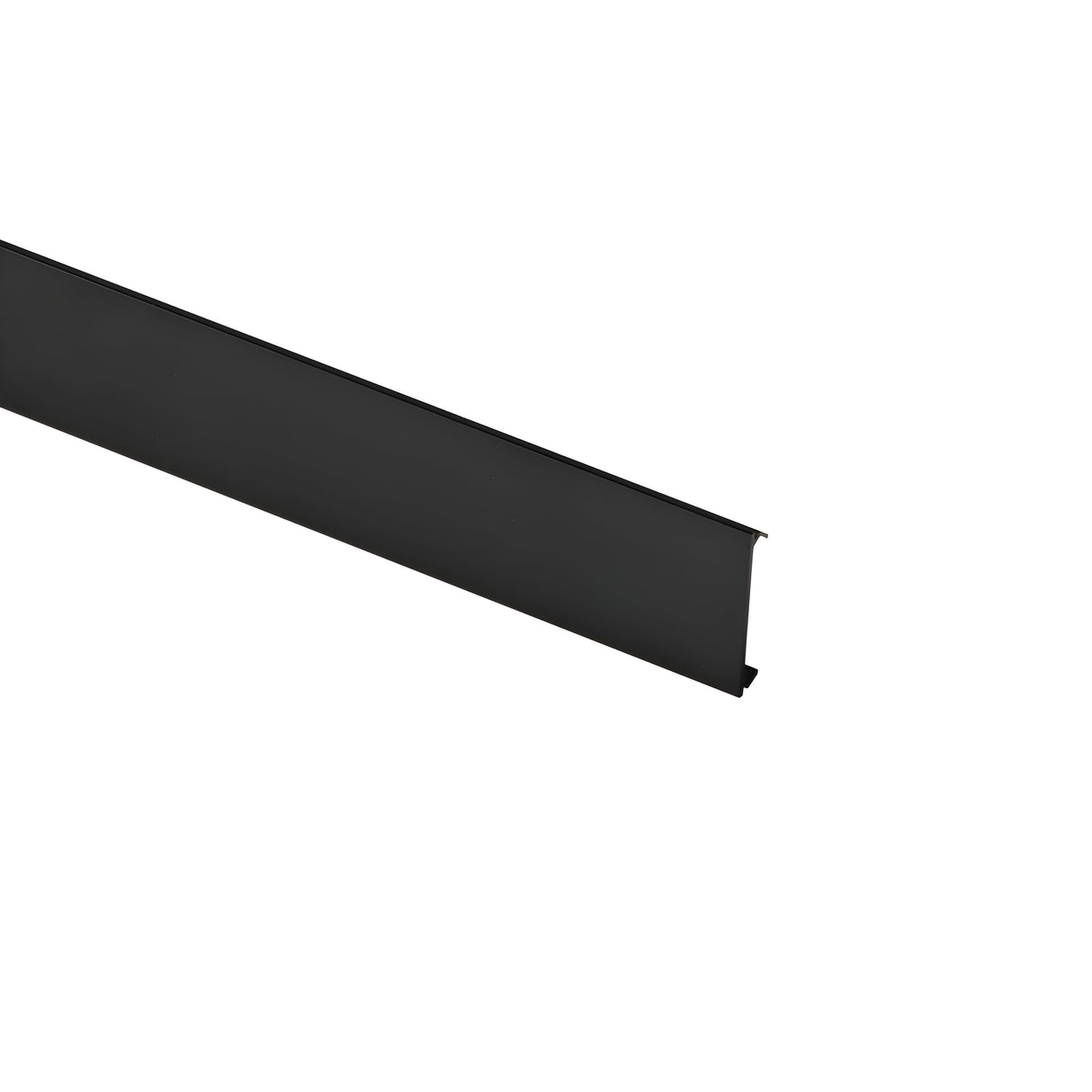 A sleek, elongated black metal strip with a matte black finish rests on a white background, showcasing a small notch near one edge. This is the Viora Track Cover - Black, 1m, which seamlessly integrates into any lighting track system.