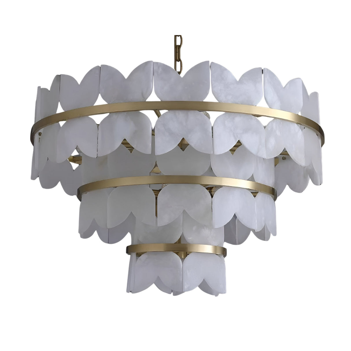 The Petraia LED 3 Tier Floral Alabaster Chandelier in brushed brass and soft white features a modern, elegant design with a floral-inspired silhouette and alabaster shades.