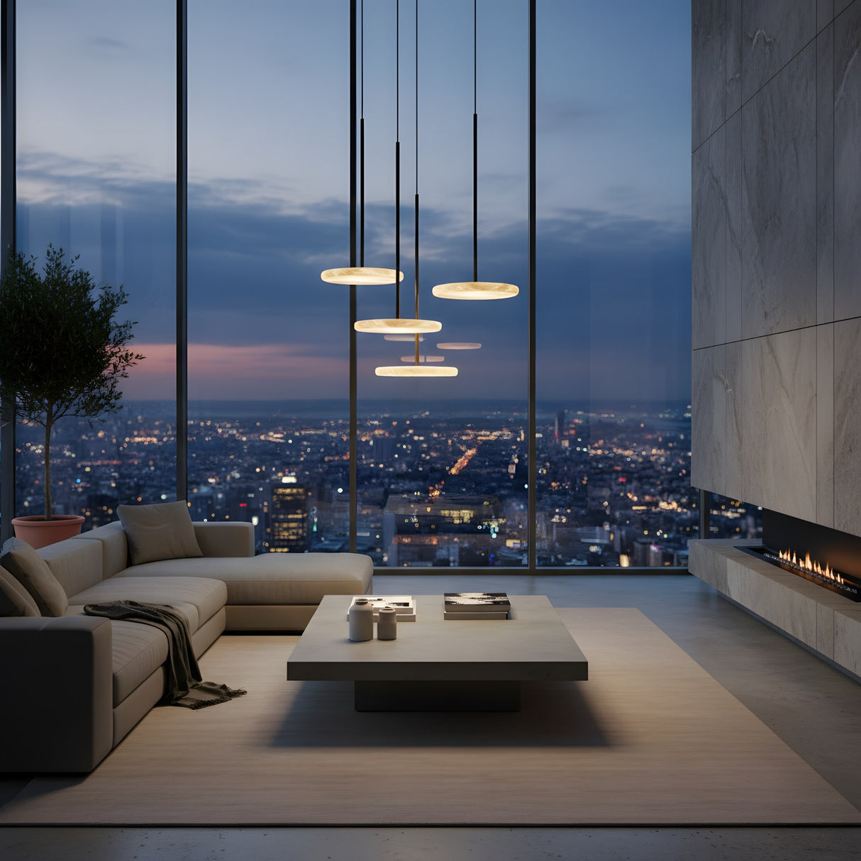 Modern living room with floor-to-ceiling windows overlooking a city skyline at dusk, featuring a sectional sofa, minimalist coffee table, and a built-in fireplace illuminated by the Xarelix LED Floating Disc Alabaster Single Pendant Light in Matte Black & Soft White.