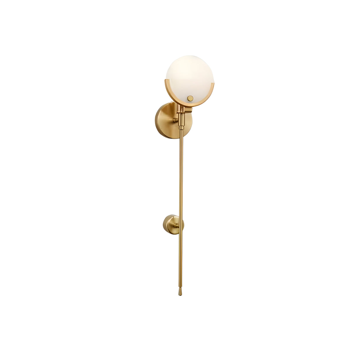 The Solara 1 Light Small Sphere Stem Alabaster Wall Light features a brushed brass finish, round soft white globe shade, long vertical stem, and round backplate for a modern look.