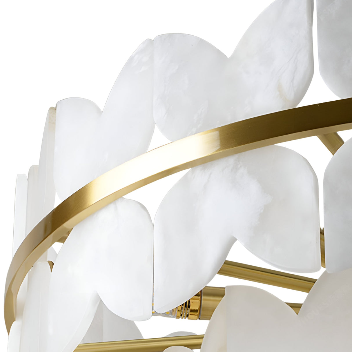 Close-up of the Petraia LED 4 Tier Floral Alabaster Chandelier, featuring soft white petal-shaped elements and a circular brushed brass frame for elegant, modern lighting.
