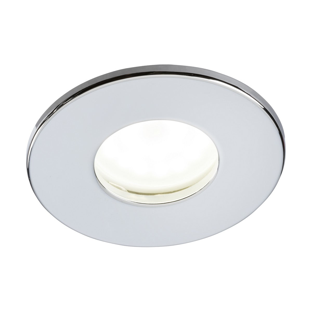The IP65 Fixed GU10 Fire-Rated Downlight in Chrome is a modern, circular recessed ceiling light featuring a sleek chrome finish. This IP65-rated fixture emits a soft glow and uses a GU10 bulb, offering both style and protection.