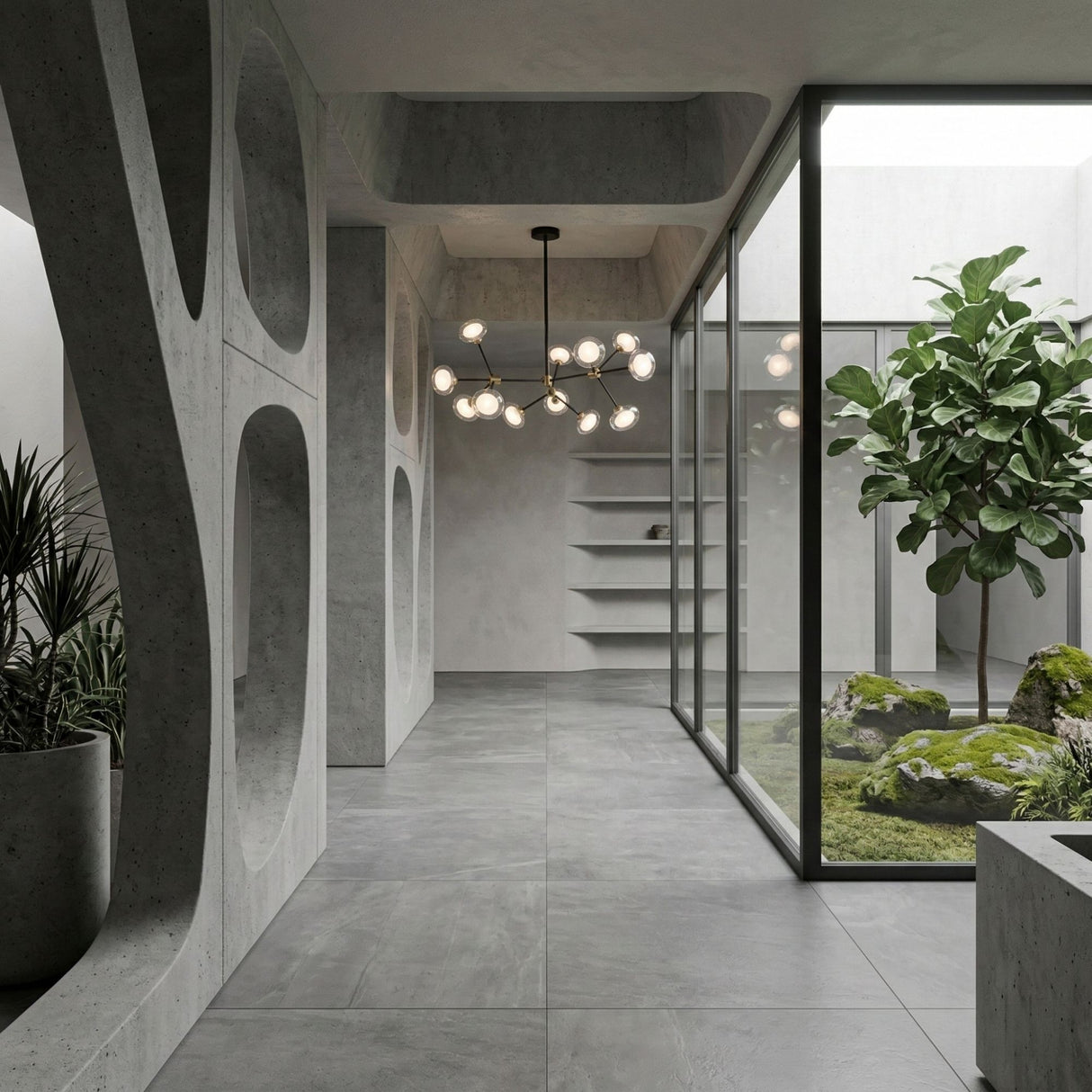Minimalist interior with concrete walls and floors, large circular wall cutouts, and a striking Galaxy 10 Light Chandelier - Black & White above. A glass-enclosed courtyard holds a tree with mossy rocks; shelves are visible in the background.