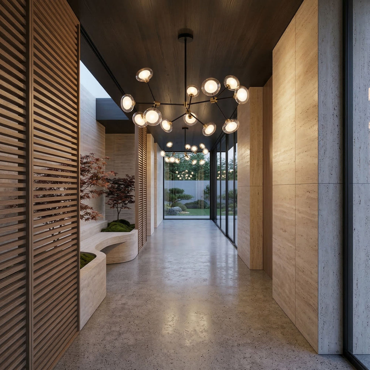 A modern hallway with stone walls, polished concrete floor, wooden slat panels, indoor plants in built-in planters, and the Galaxy 12 Light Chandelier - Black & White leading to large windows overlooking a landscaped garden.