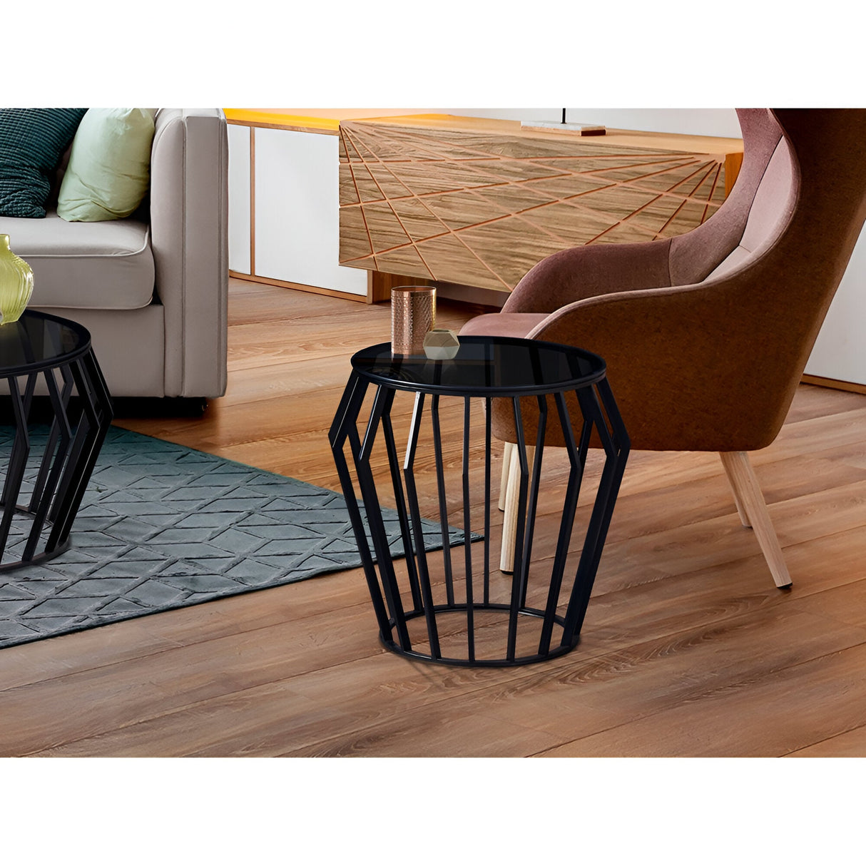 Ciros Small Stainless Steel & Glass Side Table - Matte Black