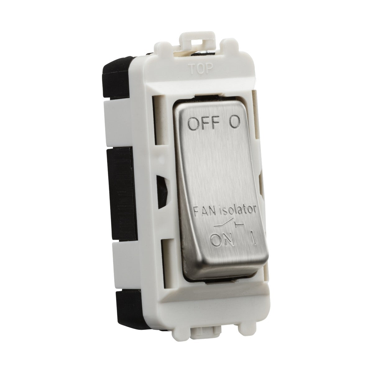 The 10A Fan Isolator Module - Brushed Chrome comes with a stylish brushed chrome finish and a white plastic frame. It features a triple pole switch that has an OFF position at the top and an ON position at the bottom, clearly labeled FAN isolator, and includes the word TOP engraved on the frame for easy orientation.