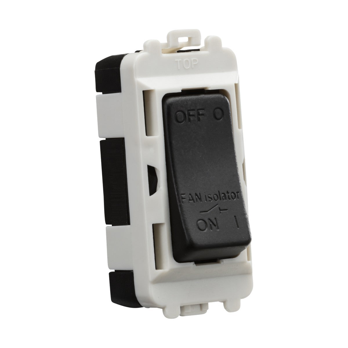 The Knightsbridge 10A Fan Isolator Module in matt black is a rectangular switch with ON and OFF labels, encased in a white casing. It is presently in the OFF position with a slight upward tilt. The word TOP is embossed above the switch, signifying its triple pole configuration.