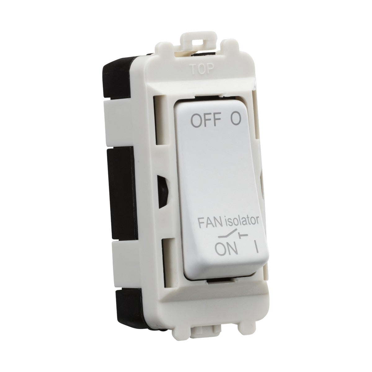 The 10A Fan Isolator Module in Matt White provides a stylish option with a triple pole configuration, featuring clear OFF and ON labels. It is designed with a robust plastic casing to ensure both functionality and aesthetic appeal in any environment.