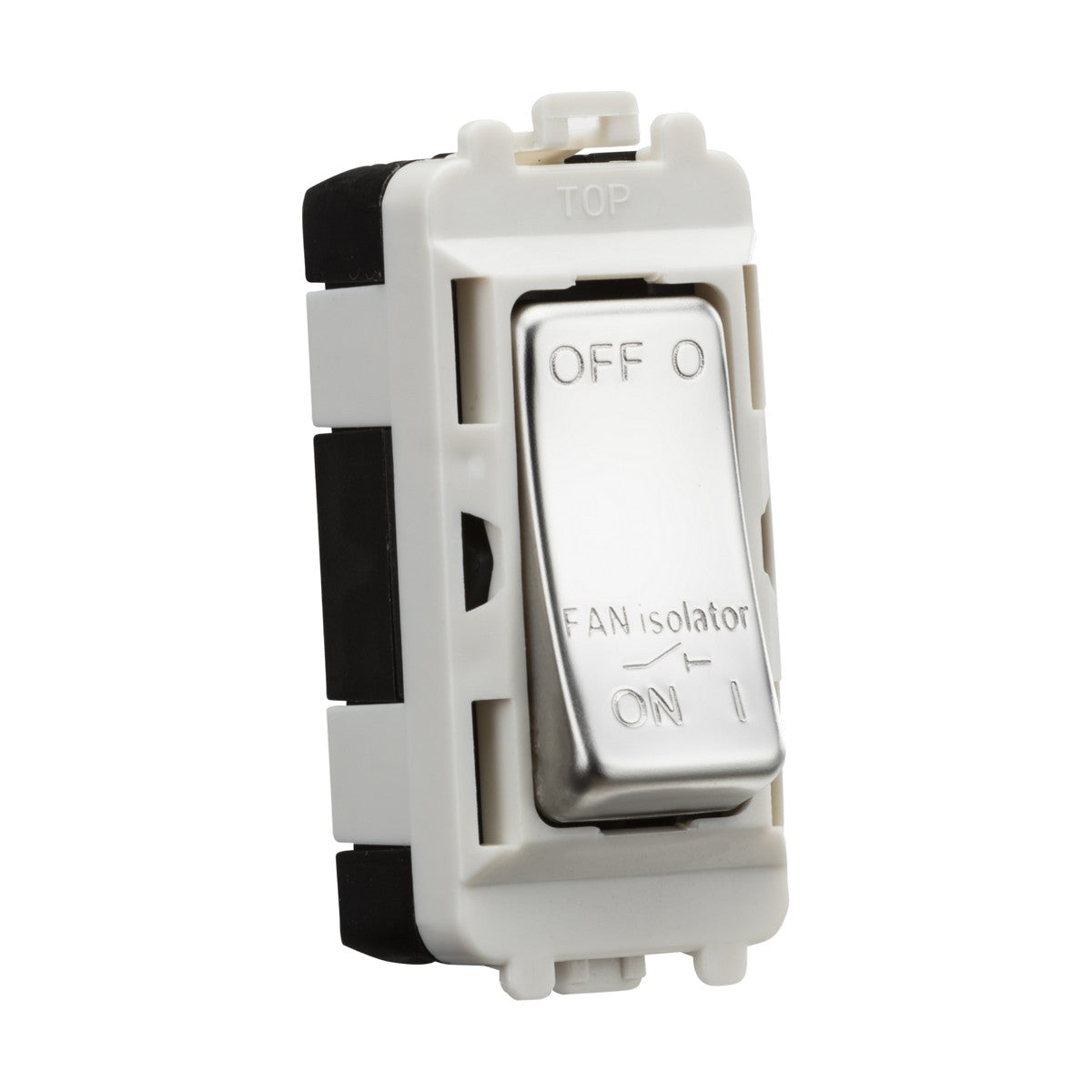 A polished chrome 10A Fan Isolator module, compatible with the Knightsbridge Grid system, is in the off position and features engraved "OFF" and "ON" labels along with a metallic surface marked as "FAN isolator.