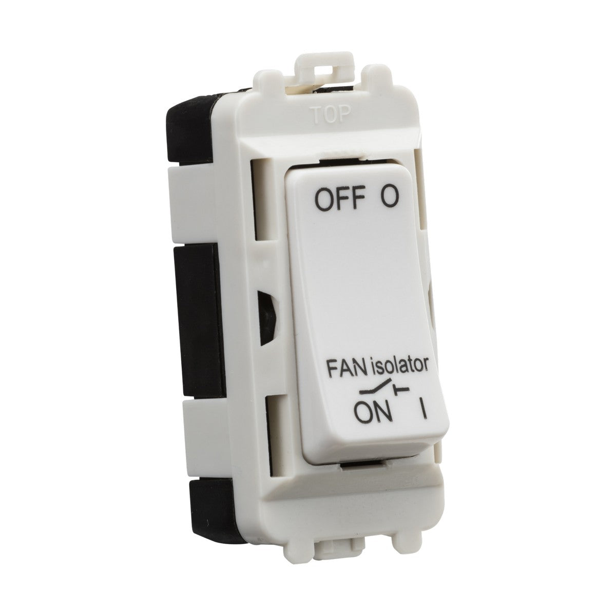 The 10A Fan Isolator Module - White consists of a white fan isolator switch with a black base, designed for controlling ceiling or ventilation fans. It includes OFF and ON positions alongside text indicating it is a FAN isolator and integrates effortlessly into the Knightsbridge Grid system as a triple pole grid fan isolator.