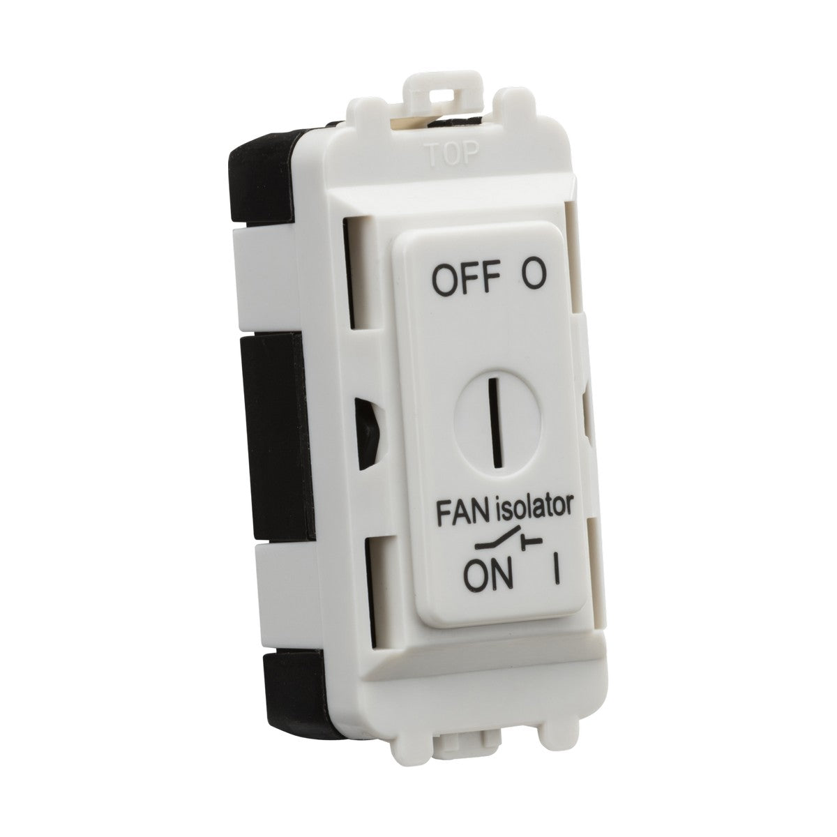 This 10A Fan Isolator Key Switch Module in white, part of the Knightsbridge Grid system, features black sides and is marked with OFF and ON labels. The words "FAN isolator" are printed below the switch to ensure clear functionality.