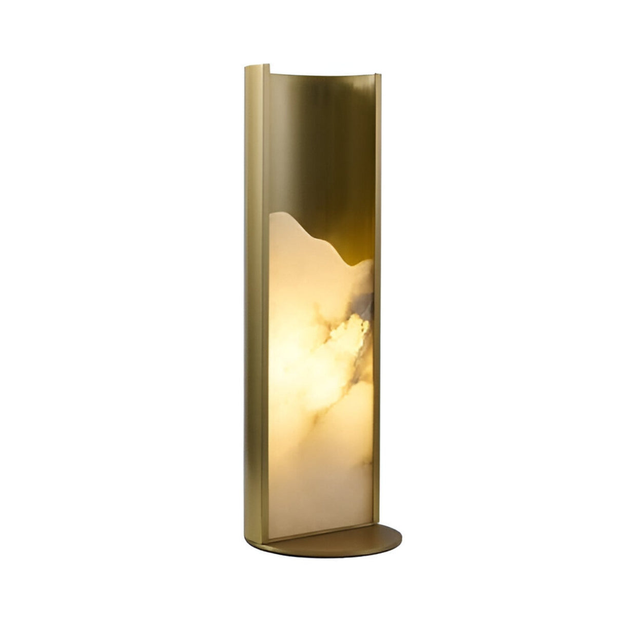 The Veloris LED Carved Alabaster Table Lamp features a brushed brass frame and a soft white alabaster-inspired panel, standing on a round base against a white background.