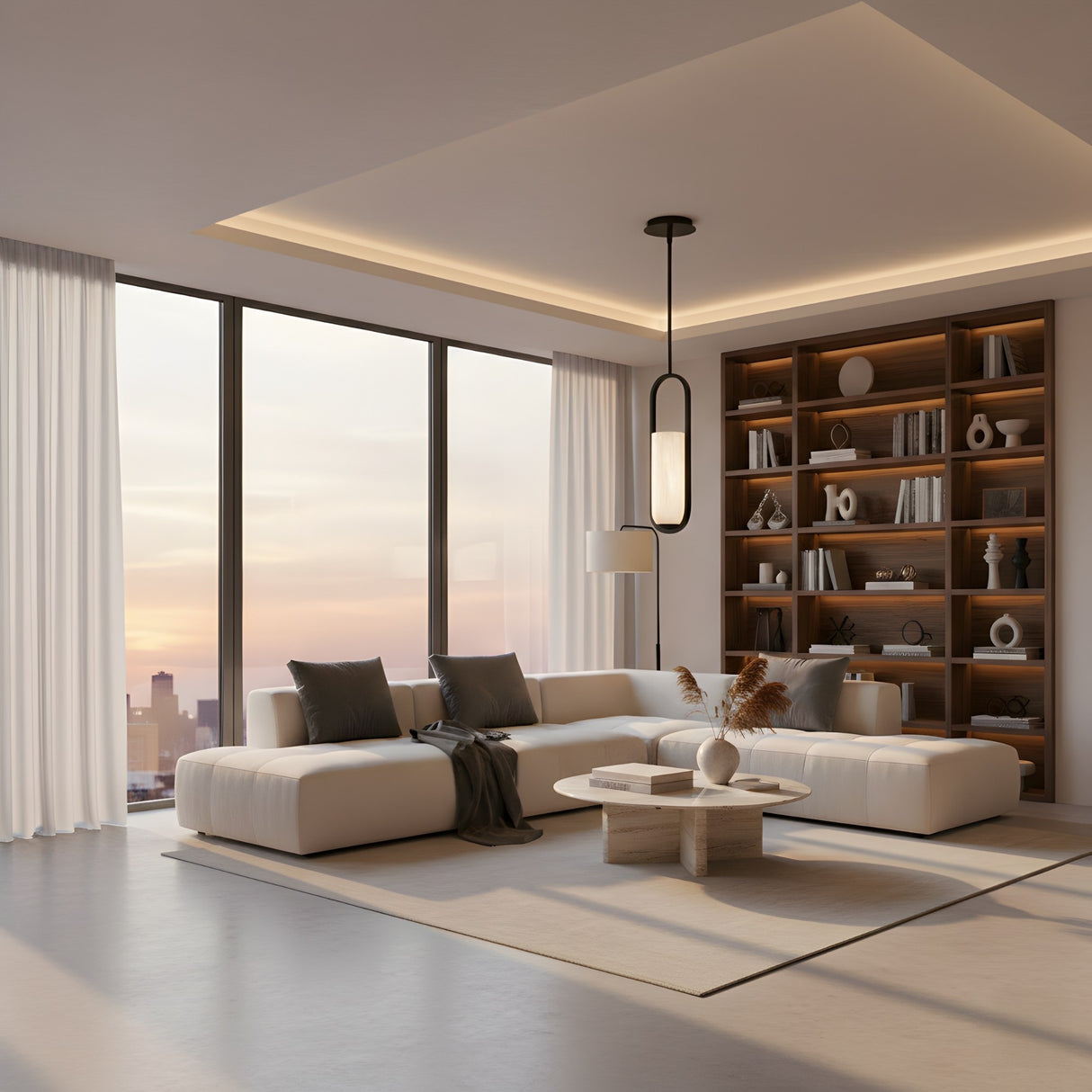 A modern living room with city sunset views, a white sectional sofa, gray pillows, round coffee table, built-in wooden shelves with decor, light curtains, and the Eliona 1 Light Capsule Alabaster Pendant Light in Matte Black & Soft White overhead.